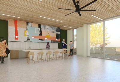 Interior rendering of the community room for Park24 in Nashville, Tennessee. 