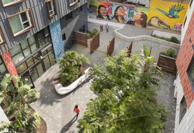 Aerial of the courtyard at La Fenix in San Francisco.