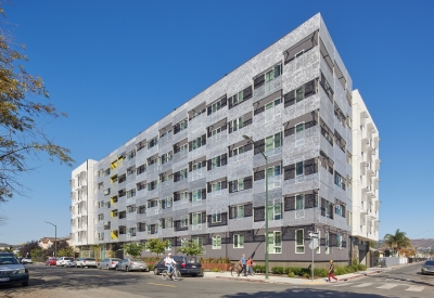 Exterior facade of Coliseum Place in Oakland, California.