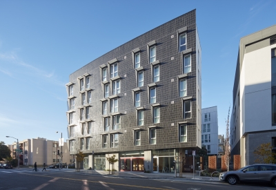 Exterior view of 388 Fulton with Johnny Dougnuts in the ground-floor retail.