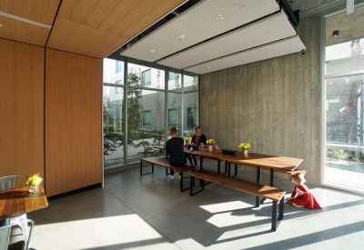 Interior view of Johnny Doughnuts seating in San Francisco.
