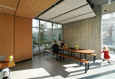 Interior view of Johnny Doughnuts seating in San Francisco.
