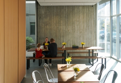Interior view of Johnny Doughnuts seating in San Francisco.