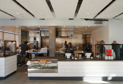 Interior view of the Johnny Doughnuts counter in San Francisco.