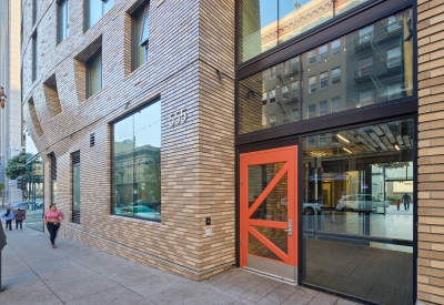 Exterior view of the entry to 555 Larkin in San Francisco.