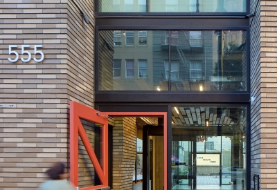 Exterior view of the entry to 555 Larkin in San Francisco.