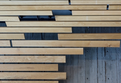 Detail view of the custom wood bench and ceiling.