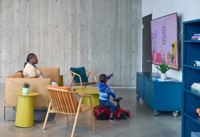 Community lounge inside 555 Larkin in San Francisco.