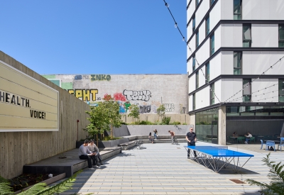 Courtyard and ping pong table at 555 Larkin in San Francisco.