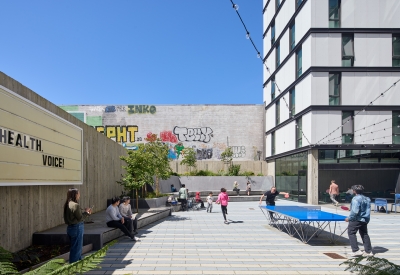 Courtyard and ping pong table at 555 Larkin in San Francisco.