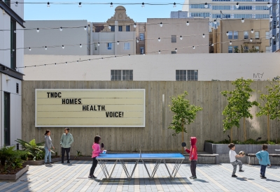 Courtyard and ping pong table at 555 Larkin in San Francisco.