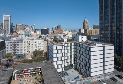 Aerial view of 555 Larkin in San Francisco.