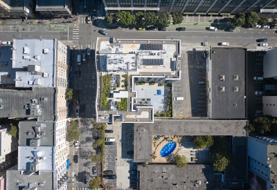 Aerial view of 555 Larkin in San Francisco.