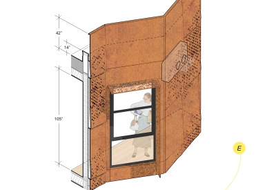 Diagram of the exterior facade for Harvey West Studios in Santa Cruz, California.