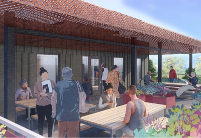 Rendered view of roof deck at Harvey West Studios in Santa Cruz.
