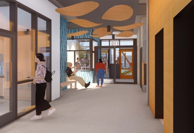 Interior rendering of the lobby for Harvey West Studios in Santa Cruz, California.