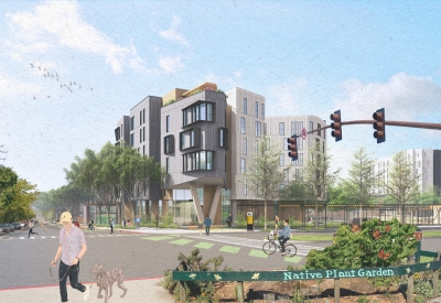 Exterior rendering of North Berkeley BART at Delaware and Sacramento Street in Berkeley, California.