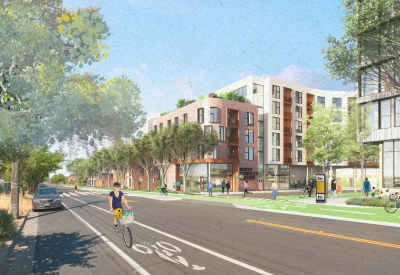 Exterior rendering of North Berkeley BART at Delaware Street in Berkeley, California.
