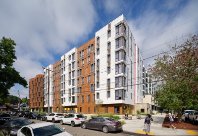 Exterior street view of Africatown Plaza in Seattle.
