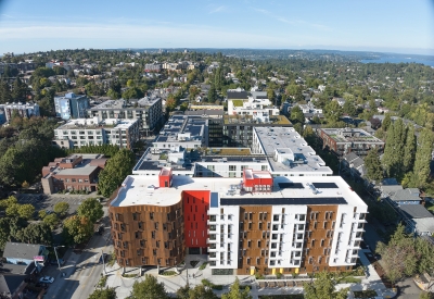 Aerial birds eye view of Africatown Plaza in Seattle.