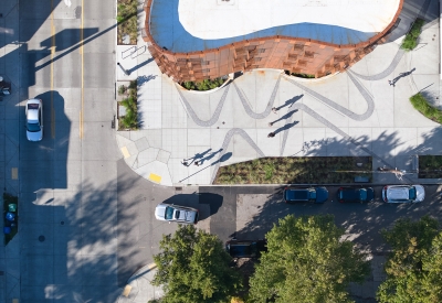 Aerial view looking down at Africatown Plaza in Seattle.