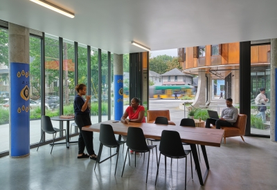 Interior view of Africatown Plaza lobby in Seattle.