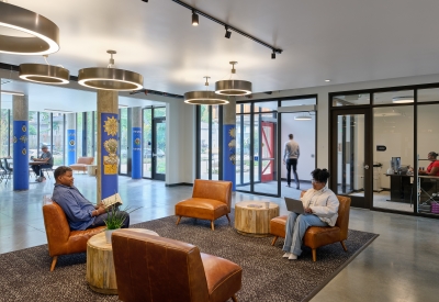 Interior view of Africatown Plaza lobby in Seattle.