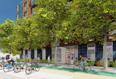 Exterior rendering for the entrance at 1633 Valencia.
