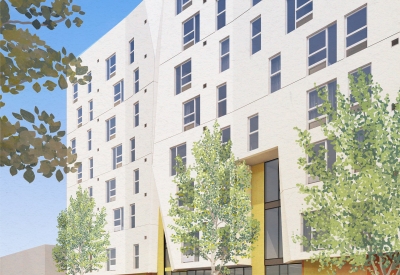 Exterior rendering of 750 Golden Gate.