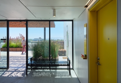 Looking out to the community roof at Sango Court.