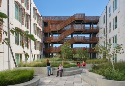 Courtyard behind the open-air stair and bridges at Sango Court.