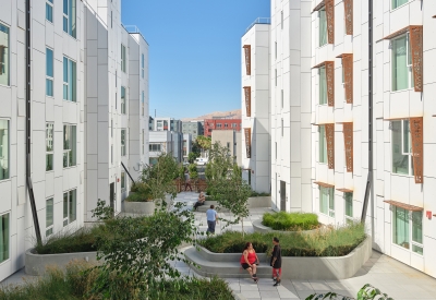 Private courtyard looking from the open-air stair and bridges at Sango Court.