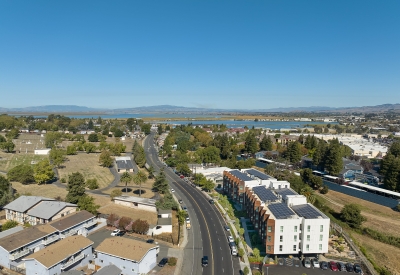 Exterior aerial view of Blue Oak Landing with the Napa River in the foreground in Vallejo, California.