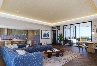 Interior rendering of the resident lounge inside 420 Mendocino in Santa Rose, California.