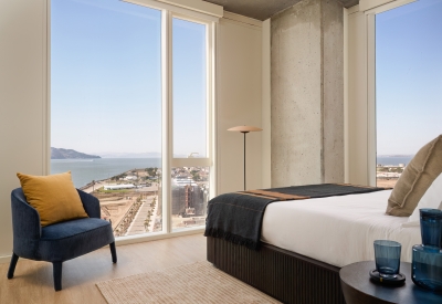 Resident bedroom at Isle House on Treasure Island in San Francisco.