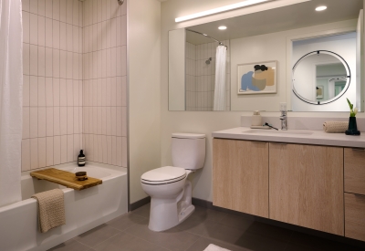 Resident bathroom at Isle House on Treasure Island in San Francisco.