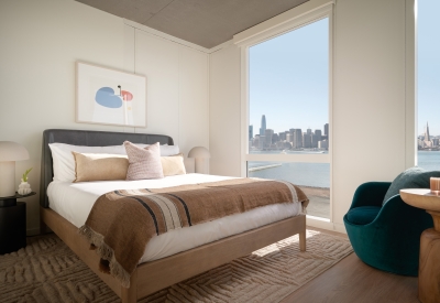 Resident bedroom at Isle House on Treasure Island in San Francisco.