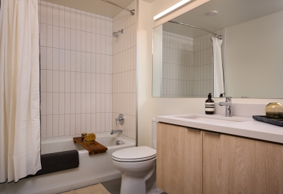Resident bathroom at Isle House on Treasure Island in San Francisco.