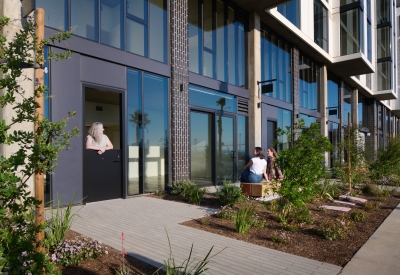 Exterior view of ground floor live-work units at Isle House on Treasure Island in San Francisco.