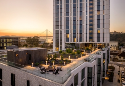 Birds eye view of the resident roof deck at Isle House on Treasure Island in San Francisco.