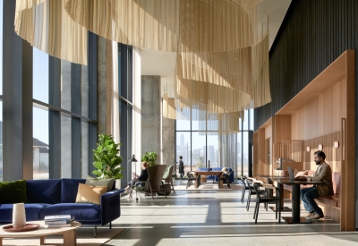 Interior lobby and working space at Isle House on Treasure Island in San Francisco.
