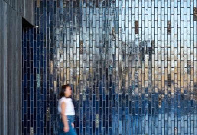 Interior lobby tile wall at Isle House on Treasure Island in San Francisco.