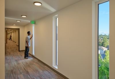 Residential hallway inside Africatown Plaza in Seattle.