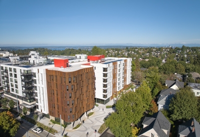 Exterior aerial view of Africatown Plaza in Seattle.
