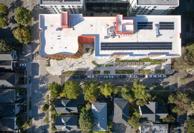 Aerial view of Africatown Plaza in Seattle.