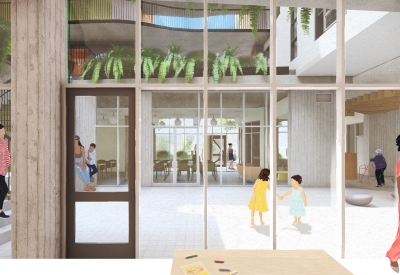 Rendering of the lower courtyard at 850 Turk.