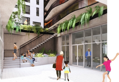 Rendering of the upper courtyard at 850 Turk.