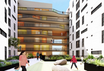 Rendering of the upper courtyard at 850 Turk.