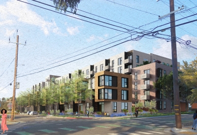 Exterior rendering of North Berkeley BART on the corner of Acton and Delaware Street in Berkeley, California.