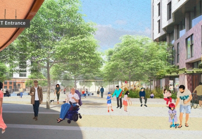 Exterior rendering of North Berkeley BART courtyard in Berkeley, California.